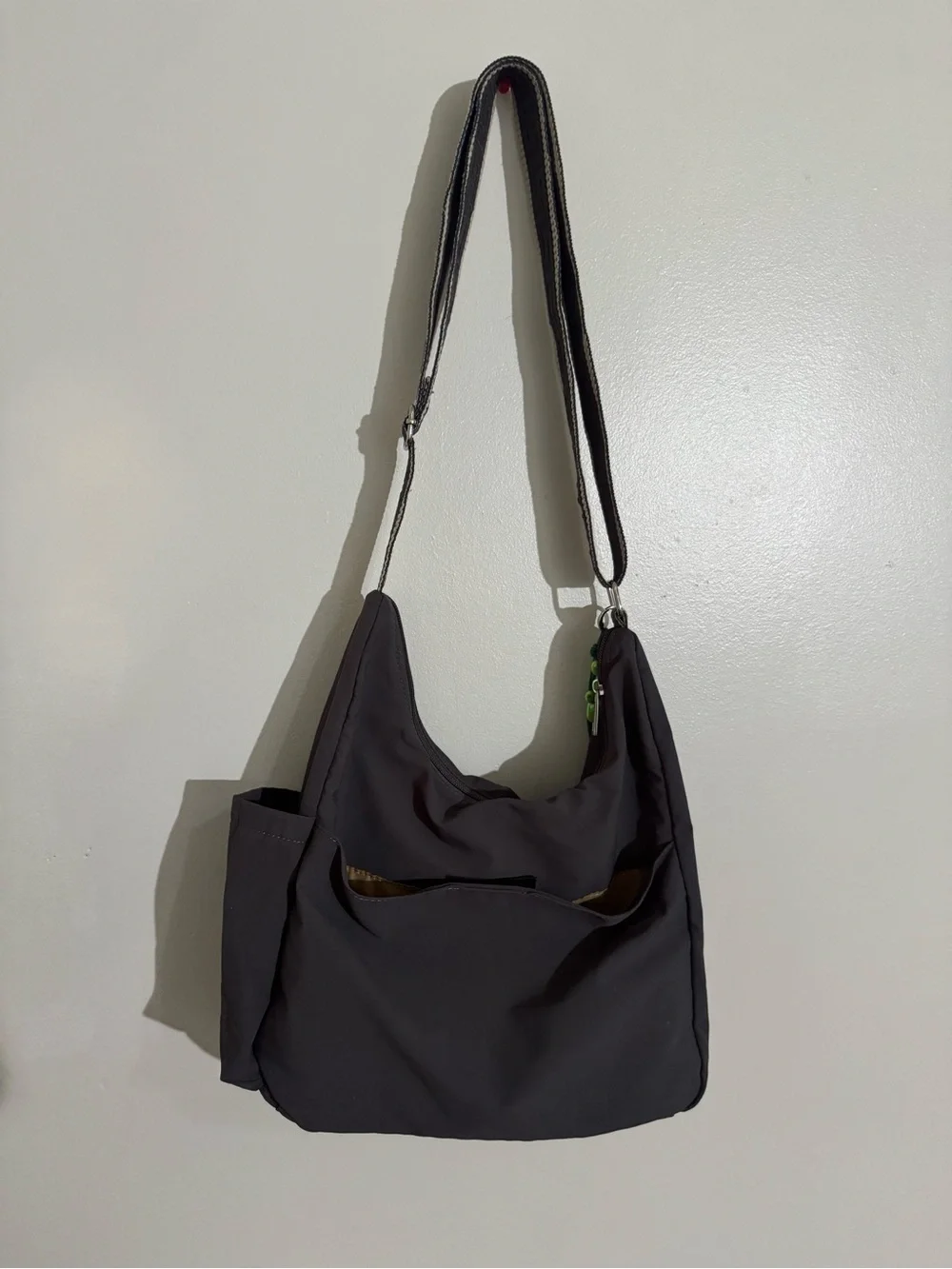 Stylish Dark Grey Crossbody Shoulder Bag with Green Charm